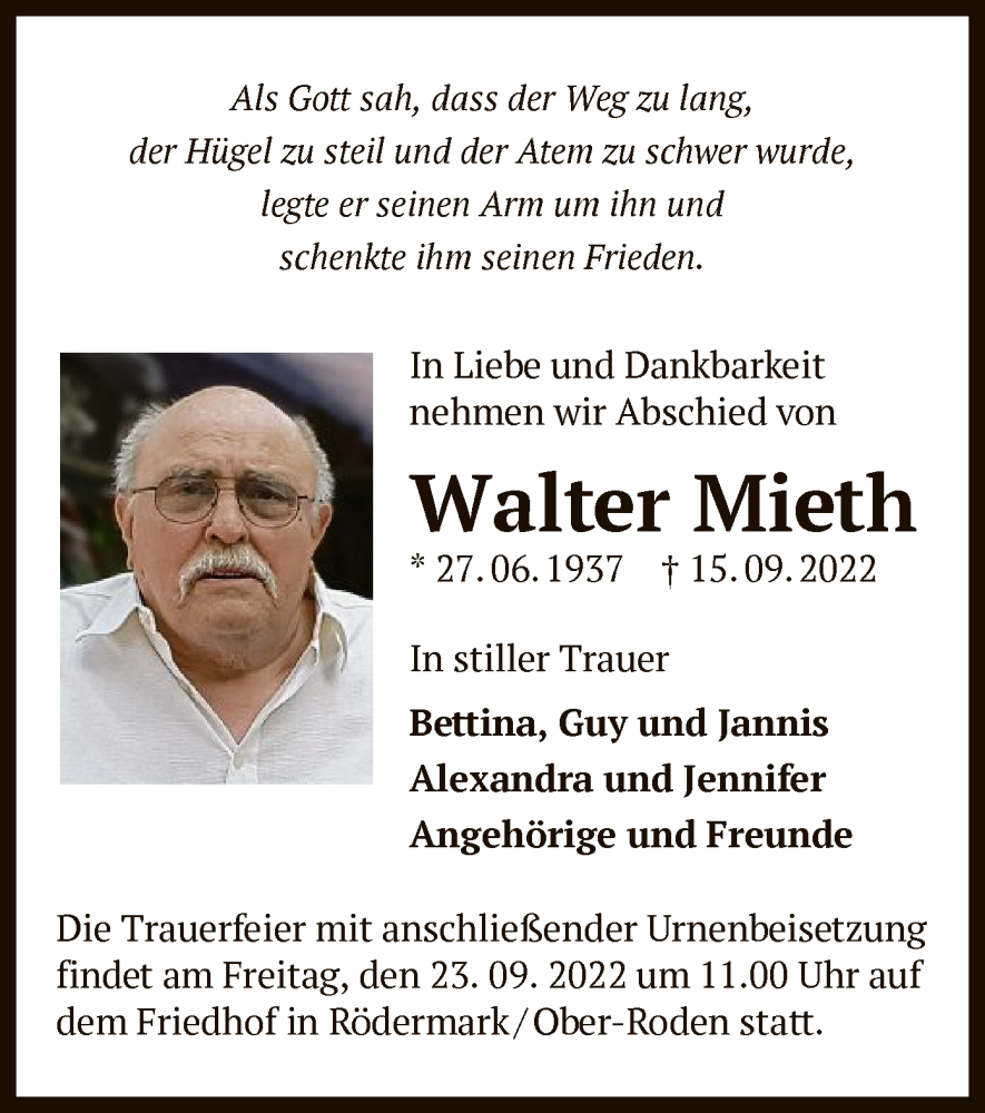  Traueranzeige für Walter Mieth vom 21.09.2022 aus OF