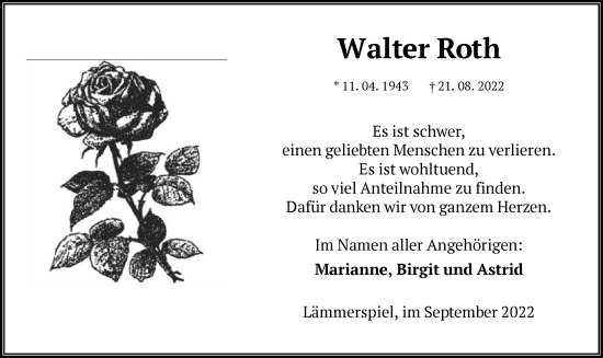 Traueranzeige von Walter Roth von OF