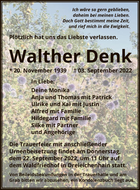 Traueranzeige von Walther Denk von OF