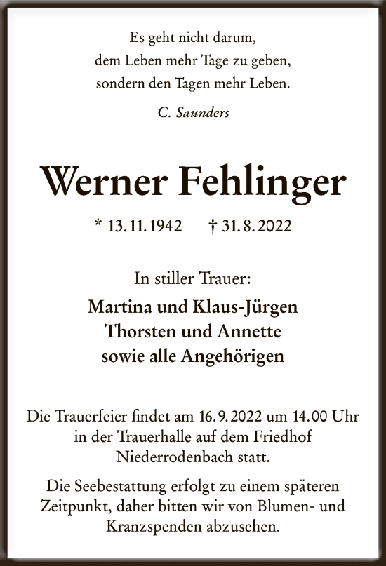 Traueranzeige von Werner Fehlinger von OF