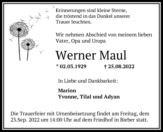 Traueranzeige von Werner Maul von OF