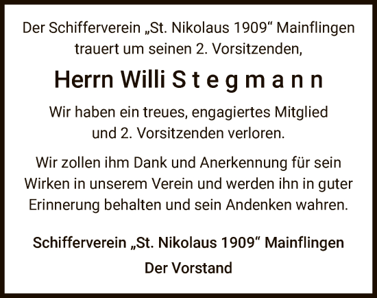 Traueranzeige von Willi Stegmann von OF