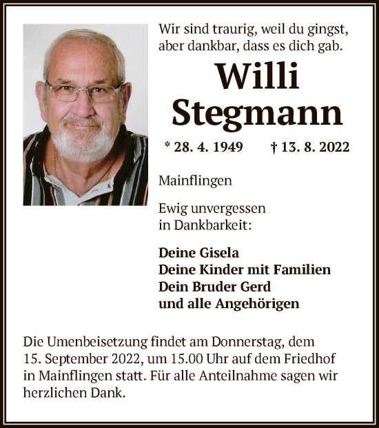 Traueranzeige von Willi Stegmann von OF