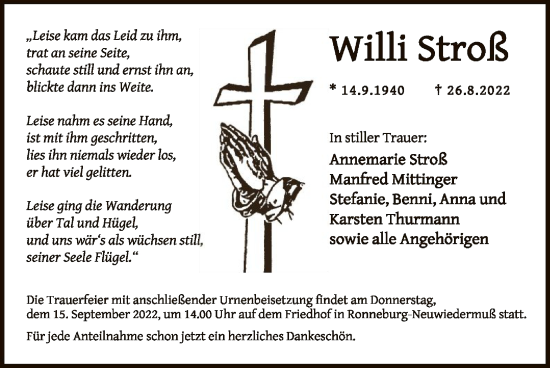 Traueranzeige von Willi Stroß von OF