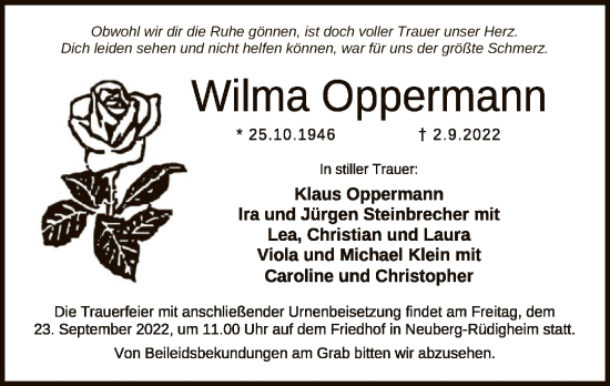 Traueranzeige von Wilma Oppermann von OF