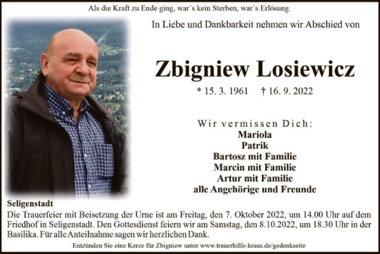 Traueranzeige von Zbigniew Losiewicz von OF