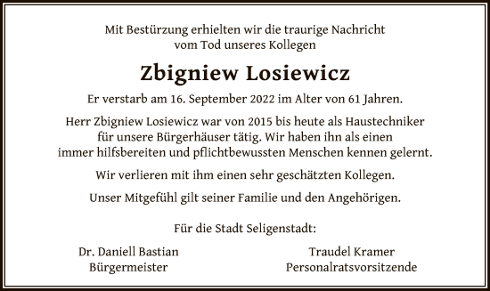 Traueranzeige von Zbigniew Losiewicz von OF