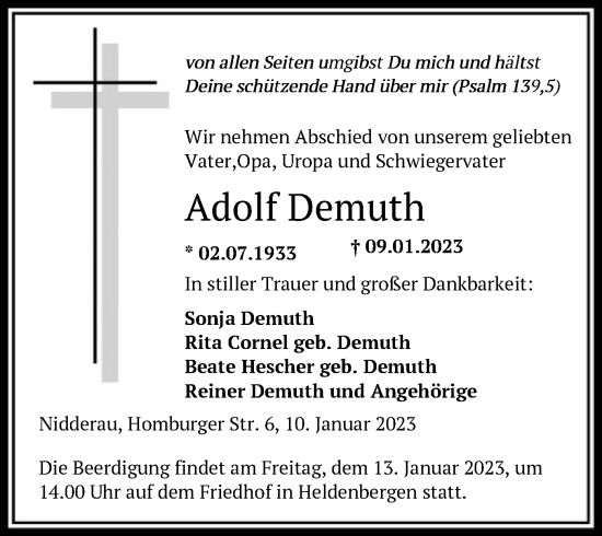 Traueranzeige von Adolf Demuth von OF