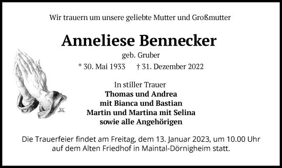 Traueranzeige von Anneliese Bennecker von OF