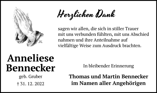 Traueranzeige von Anneliese Bennecker von OF