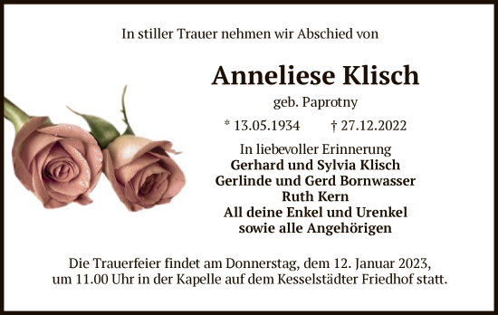 Traueranzeige von Anneliese Klisch von OF