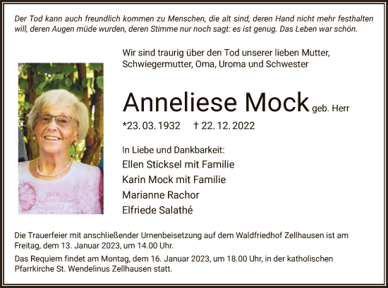 Traueranzeige von Anneliese Mock von OF