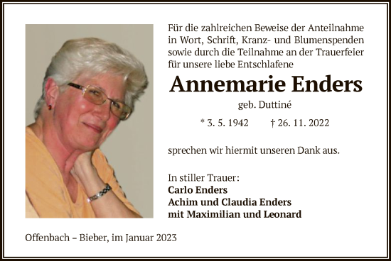 Traueranzeige von Annemarie Enders von OF