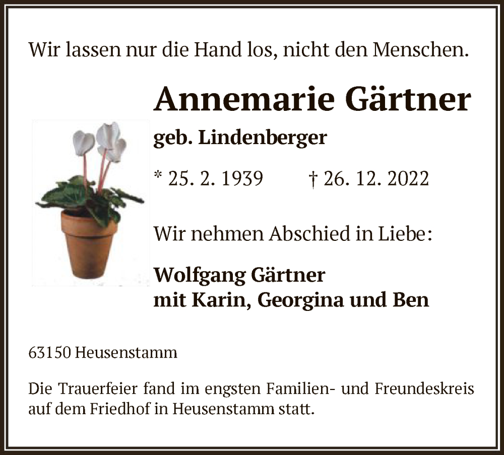  Traueranzeige für Annemarie Gärtner vom 25.01.2023 aus OF