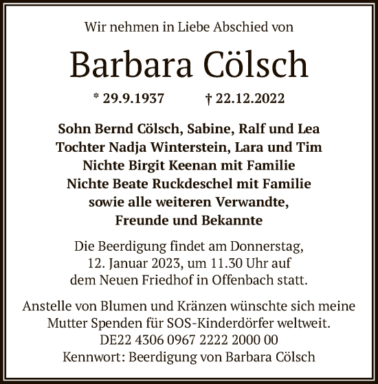 Traueranzeige von Barbara Cölsch von OF