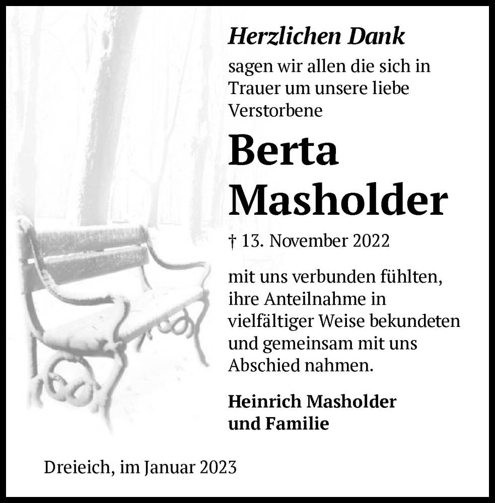  Traueranzeige für Berta Masholder vom 19.01.2023 aus OF