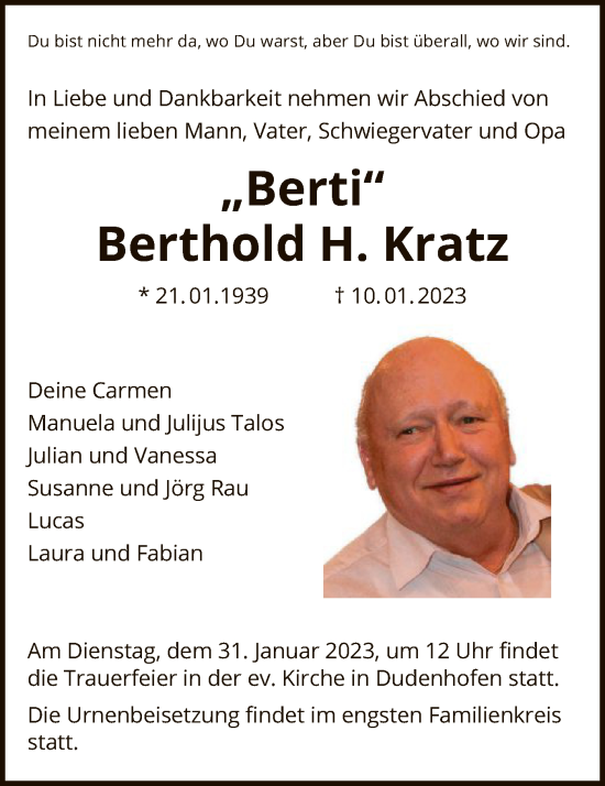 Traueranzeige von Berthold H. Kratz von OF