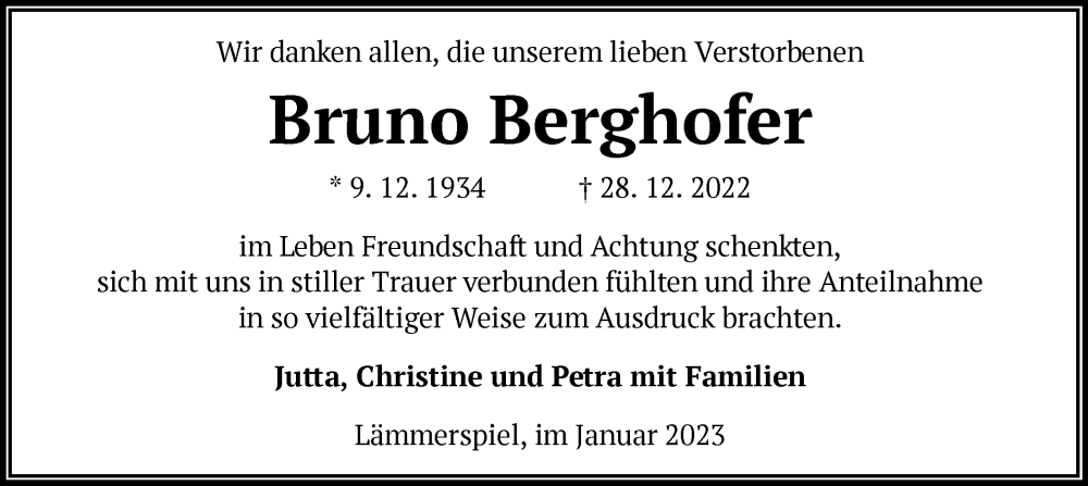  Traueranzeige für Bruno Berghofer vom 25.01.2023 aus OF