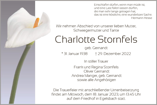 Traueranzeige von Charlotte Stornfels von OF