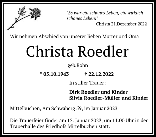 Traueranzeige von Christa Roedler von OF