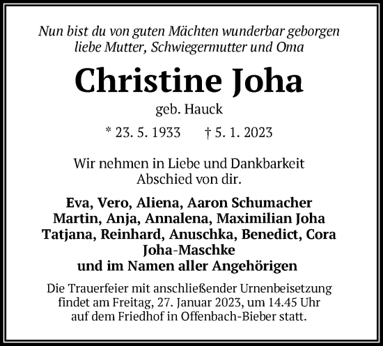 Traueranzeige von Christine Joha von OF