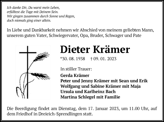 Traueranzeige von Dieter Krämer von OF