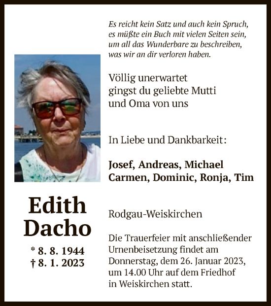 Traueranzeige von Edith Dacho von OF