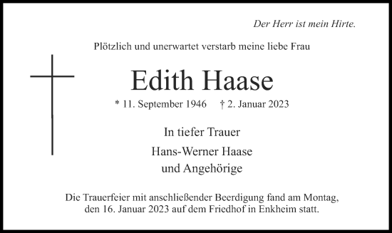 Traueranzeige von Edith Haase von OF