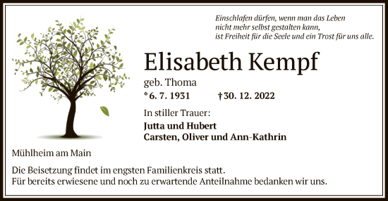 Traueranzeige von Elisabeth Kempf von OF