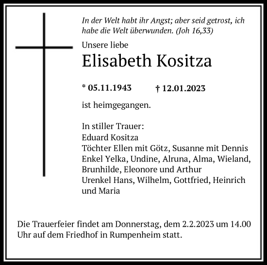 Traueranzeige von Elisabeth Kositza von OF