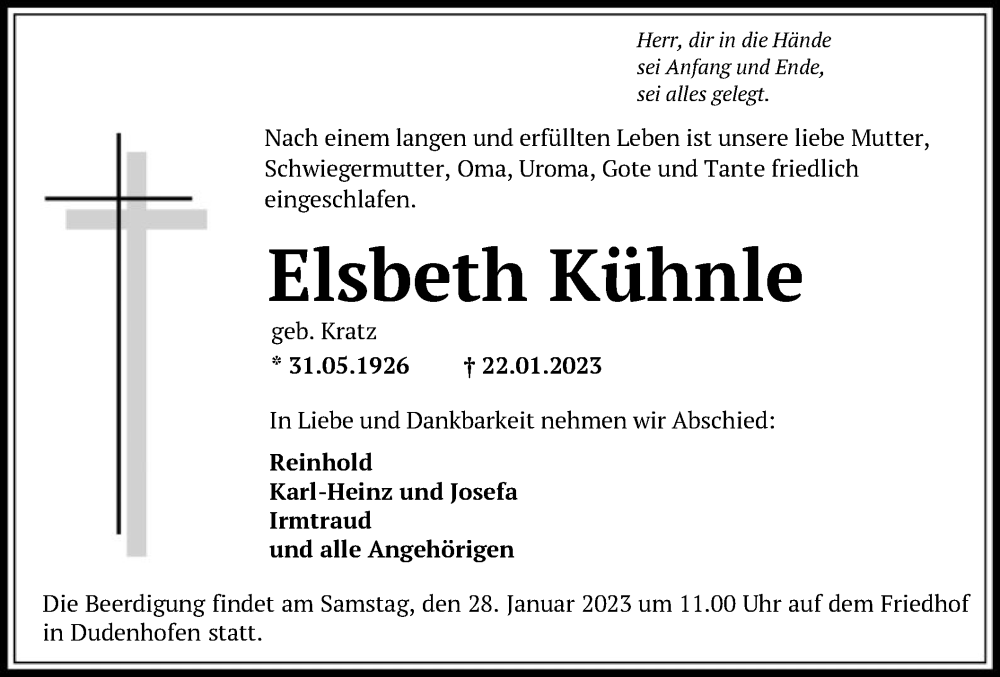  Traueranzeige für Elsbeth Kühnle vom 25.01.2023 aus OF