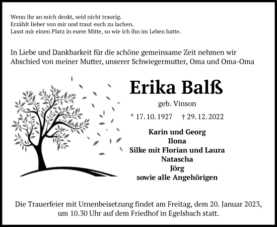 Traueranzeige von Erika Balß von OF