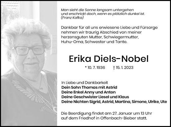 Traueranzeige von Erika Diels-Nobel von OF