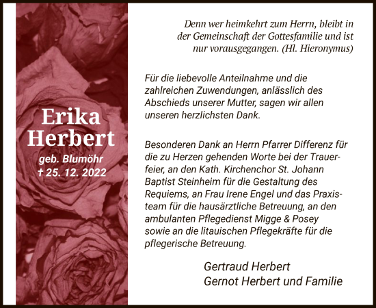 Traueranzeige von Erika Herbert von OF