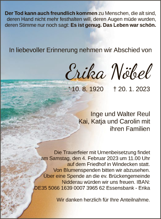 Traueranzeige von Erika Nöbel von OF