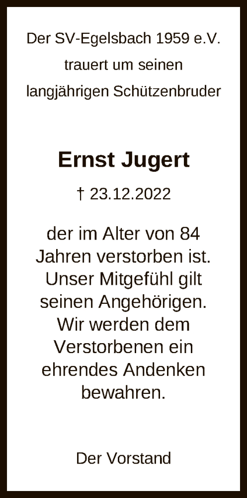 Traueranzeige von Ernst Jugert von OF