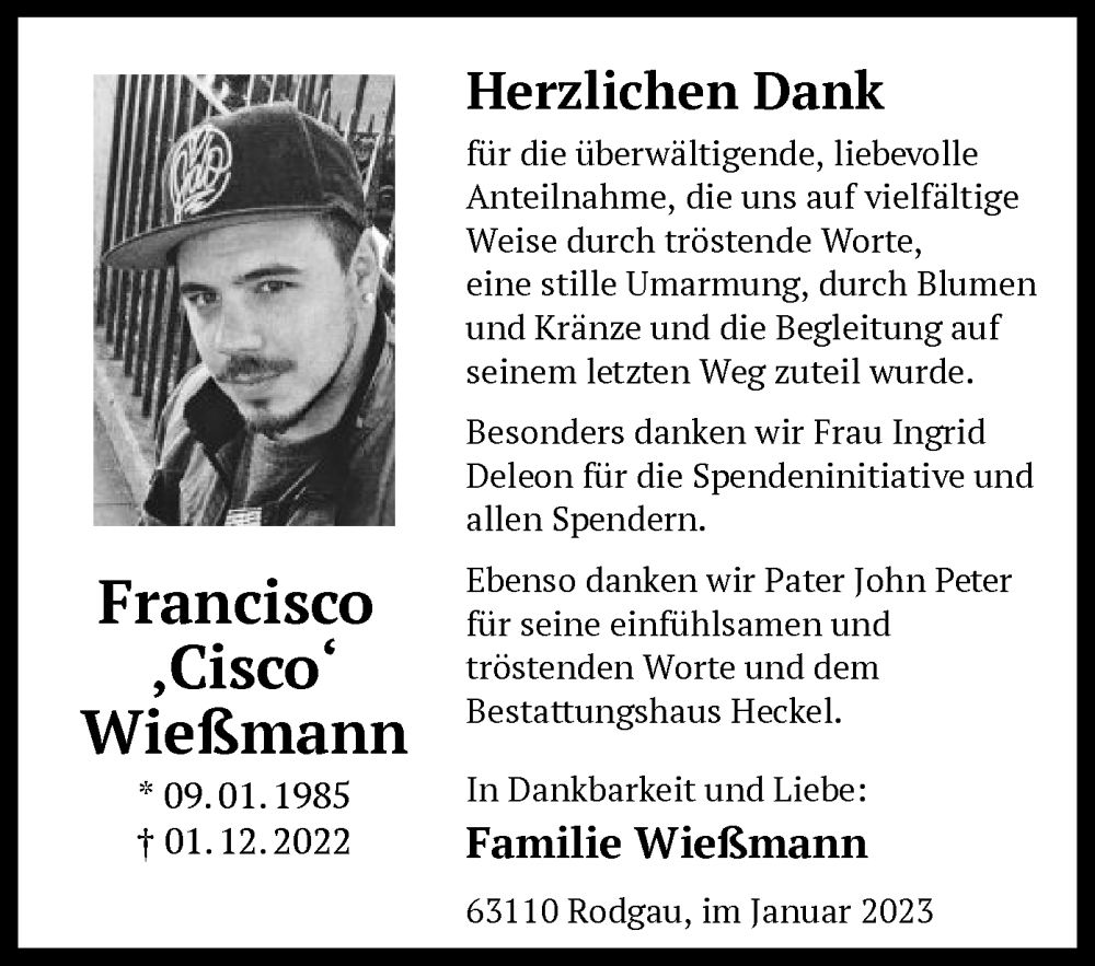  Traueranzeige für Francisco Wießmann vom 18.01.2023 aus OF