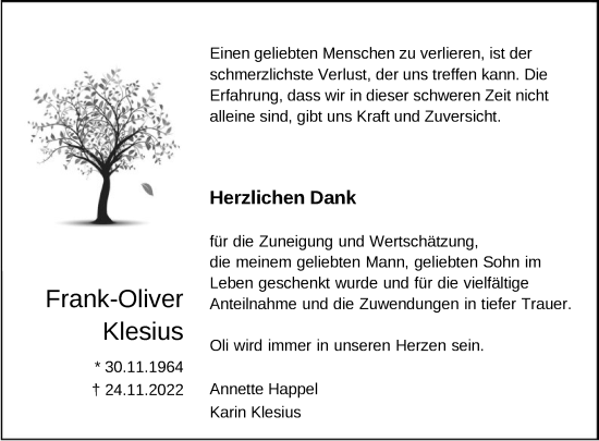 Traueranzeige von Frank-Oliver Klesius von OF