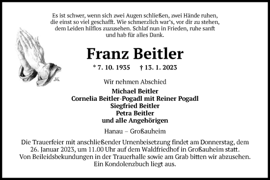 Traueranzeige von Franz Beitler von OF