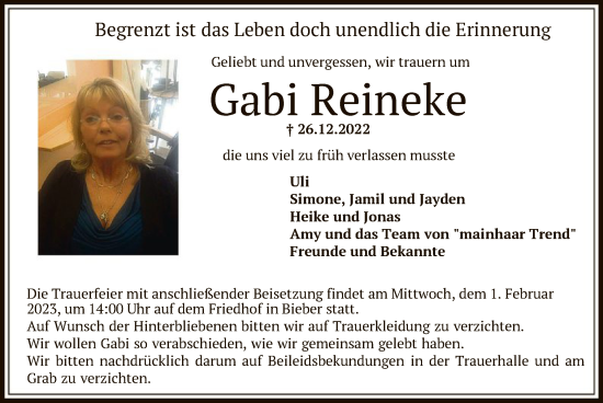 Traueranzeige von Gabi Reineke von OF