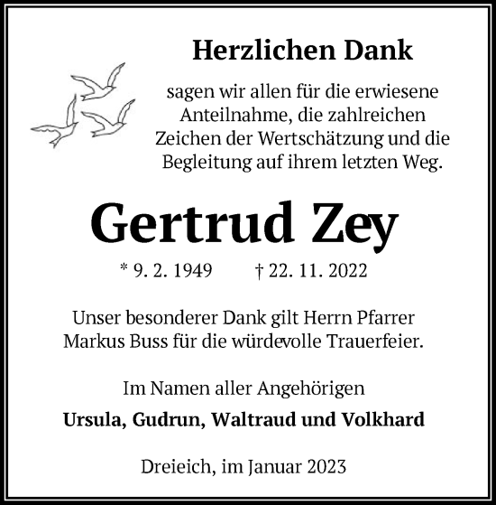 Traueranzeige von Gertrud Zey von OF