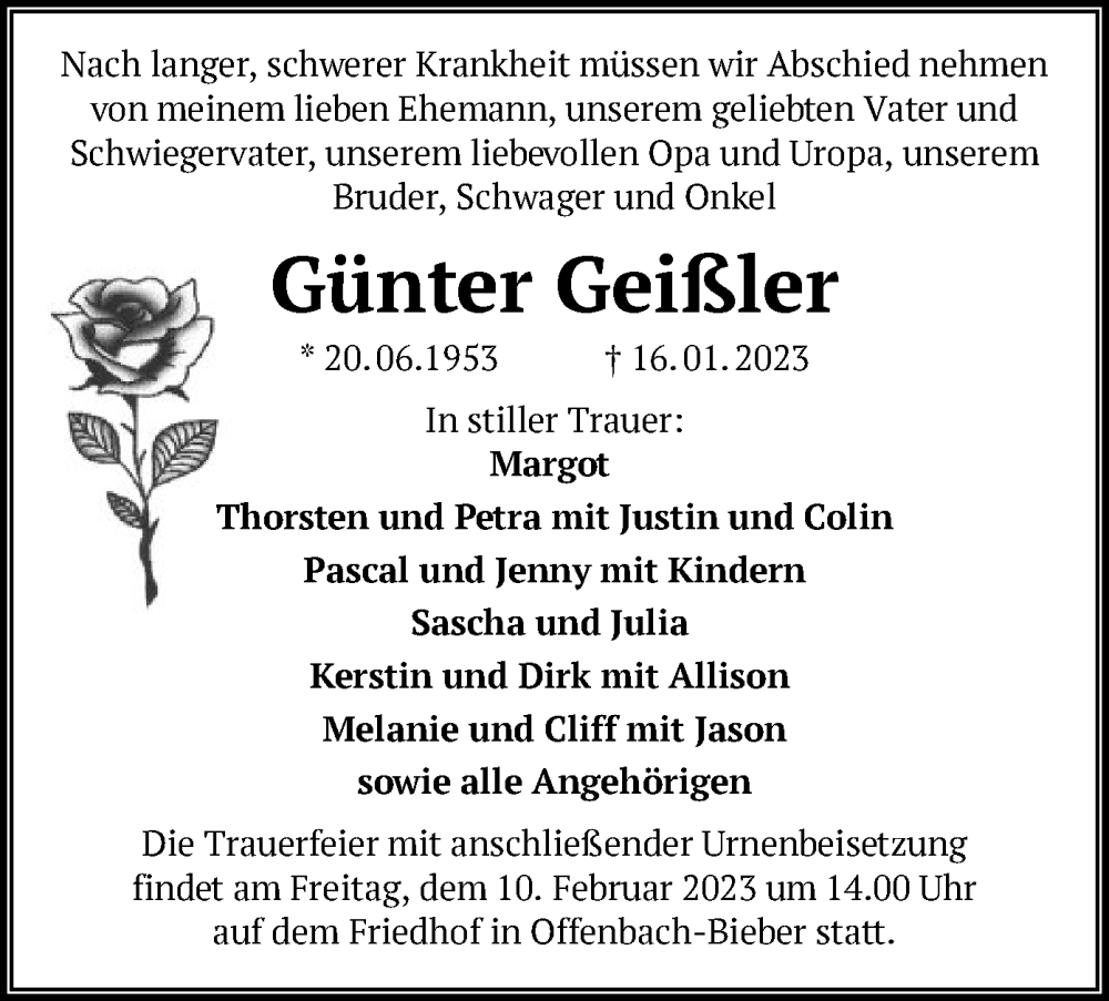  Traueranzeige für Günter Geißler vom 28.01.2023 aus OF