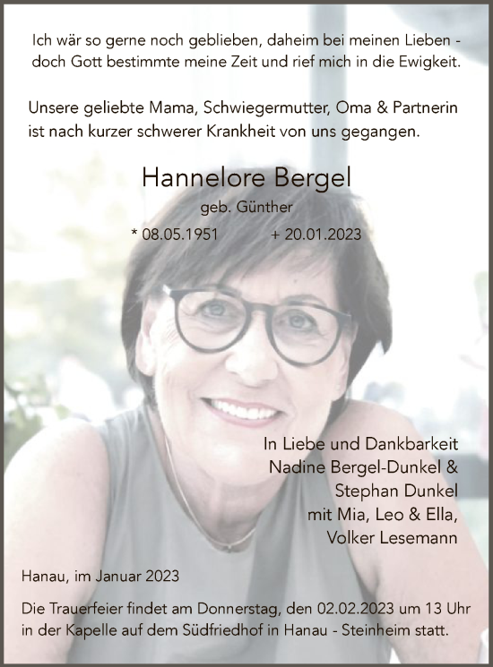 Traueranzeige von Hannelore Bergel von OF