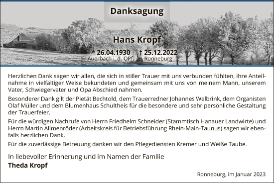 Traueranzeige von Hans Kropf von OF