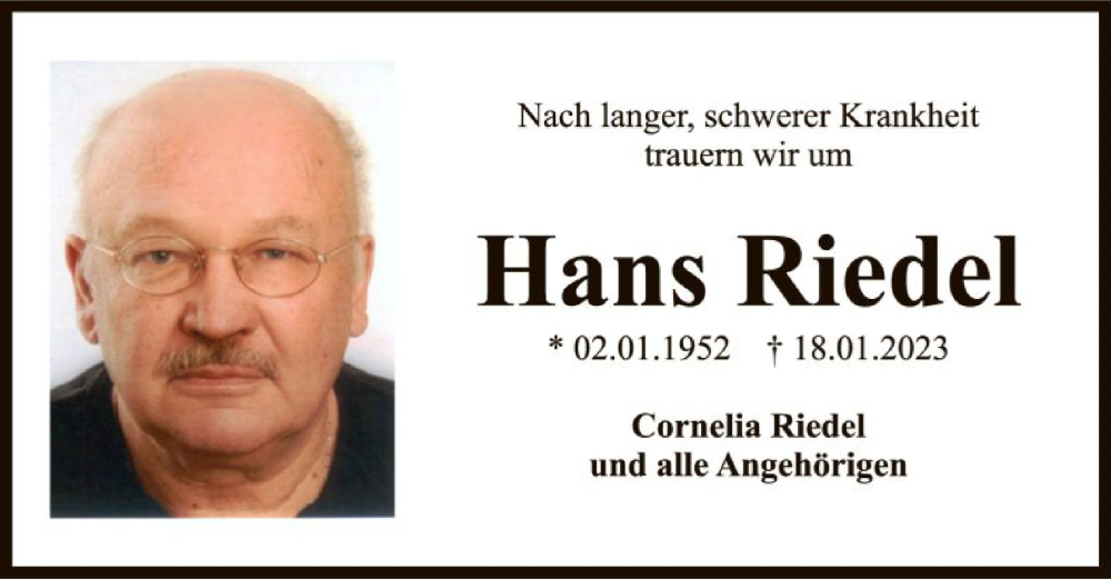  Traueranzeige für Hans Riedel vom 21.01.2023 aus OF