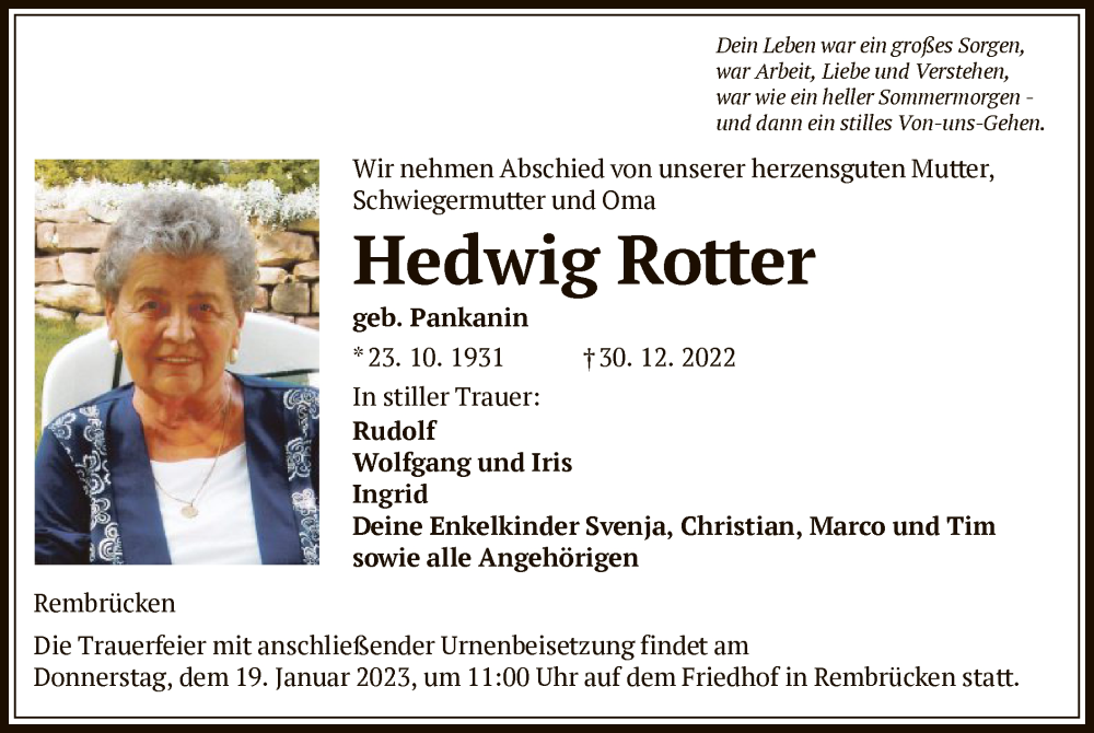  Traueranzeige für Hedwig Rotter vom 18.01.2023 aus OF