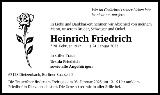 Traueranzeige von Heinrich Friedrich von OF