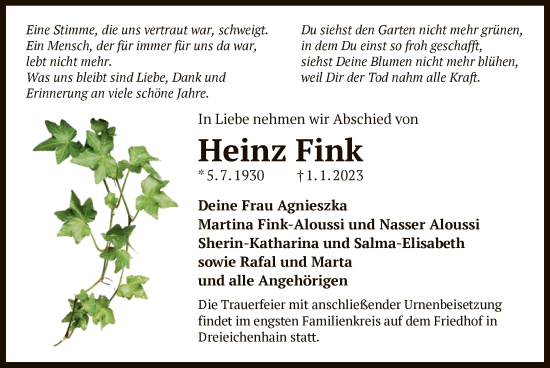 Traueranzeige von Heinz Fink von OF