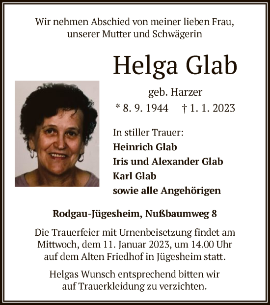 Traueranzeige von Helga Glab von OF