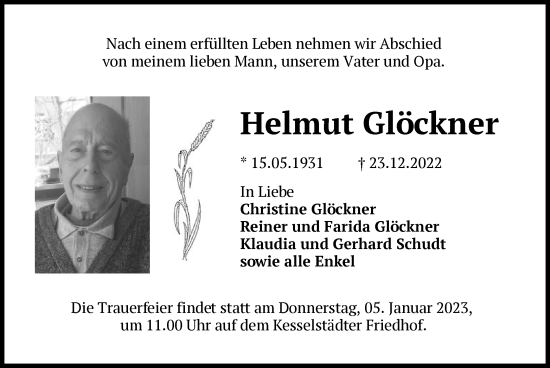 Traueranzeige von Helmut Glöckner von OF